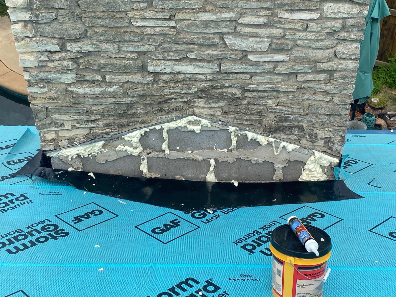 Chimney base prepared for flashing repairs, Gold Coast Roofing and Solar