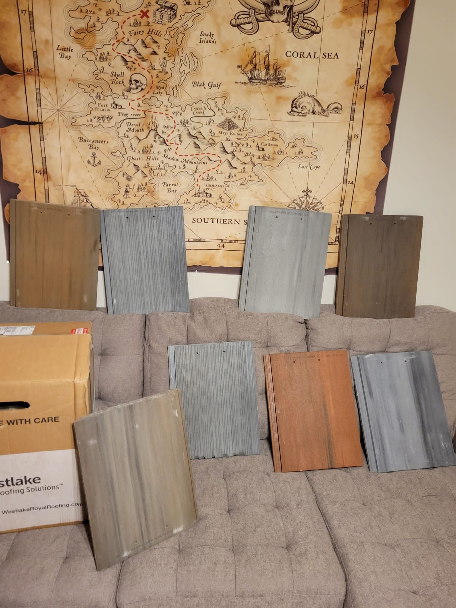 Roof tile samples staged for repair material matching, Gold Coast Roofing and Solar