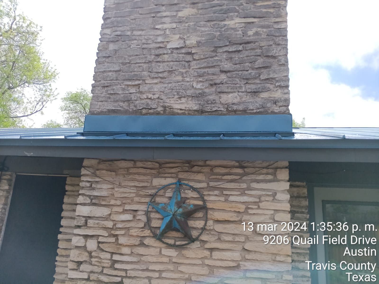 Metal roof and stone chimney repair detail, Gold Coast Roofing and Solar