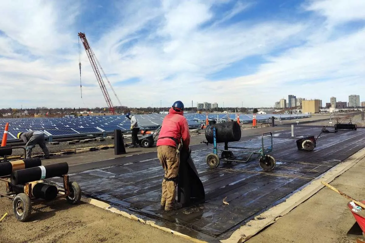 Commercial roofing crew working beside rooftop solar panels