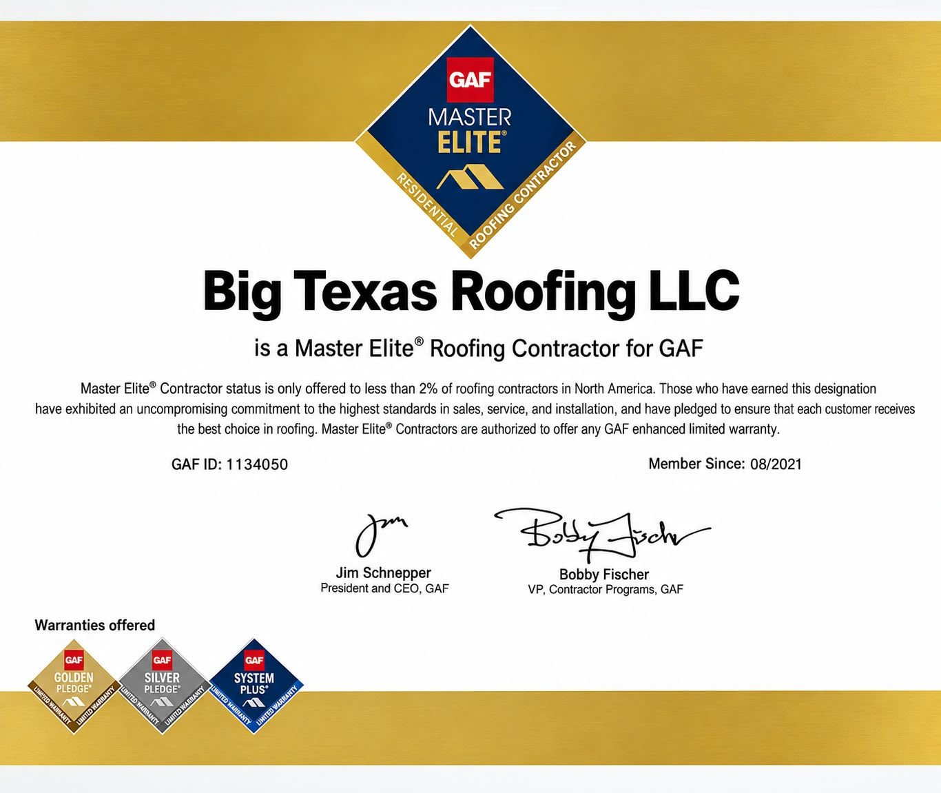 GAF Master Elite document for Gold Coast Roofing LLC