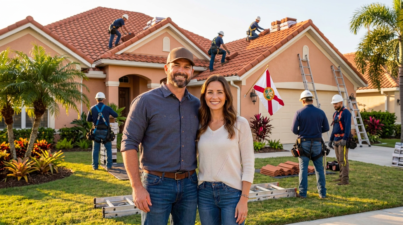 Florida couple in front of their home with a Florida flag while Gold Coast crews install a new tile roof