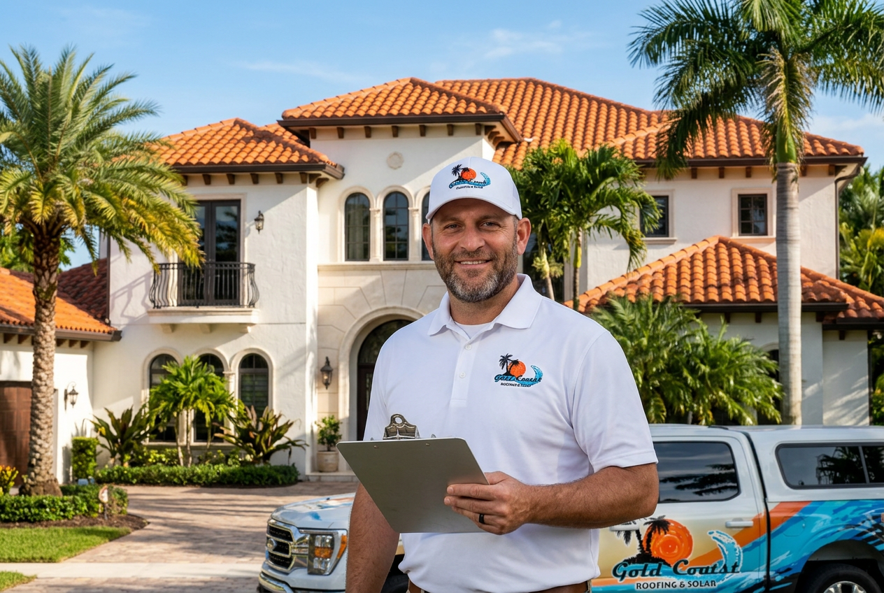Gold Coast Roofing & Solar owner in a logo hat and polo in front of a Florida tile roof home