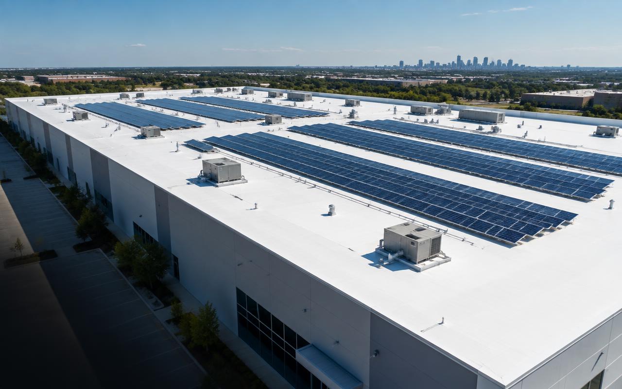 Large commercial flat roof with solar panels